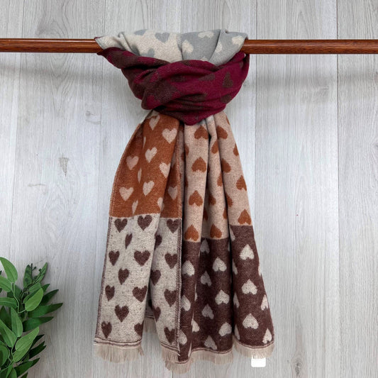 Brown Chunky Winter Scarf With Coloured Heart Squares Design