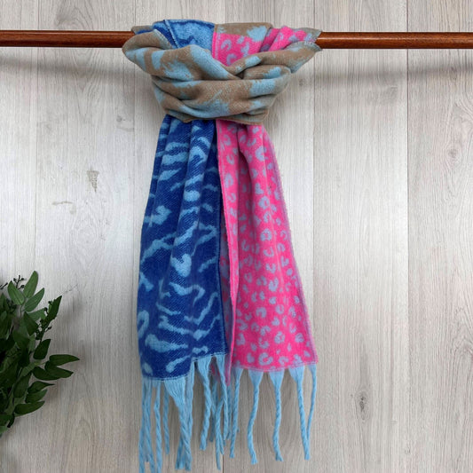 Blue Contrasting Sides Winter Fringed Scarf