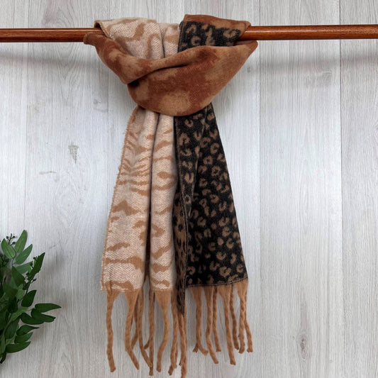 Camel Contrasting Sides Winter Fringed Scarf