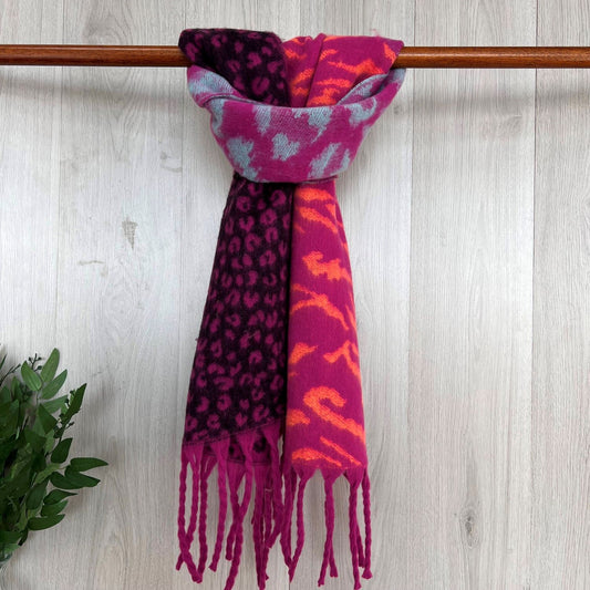 Hot Pink Contrasting Sides Winter Fringed Scarf