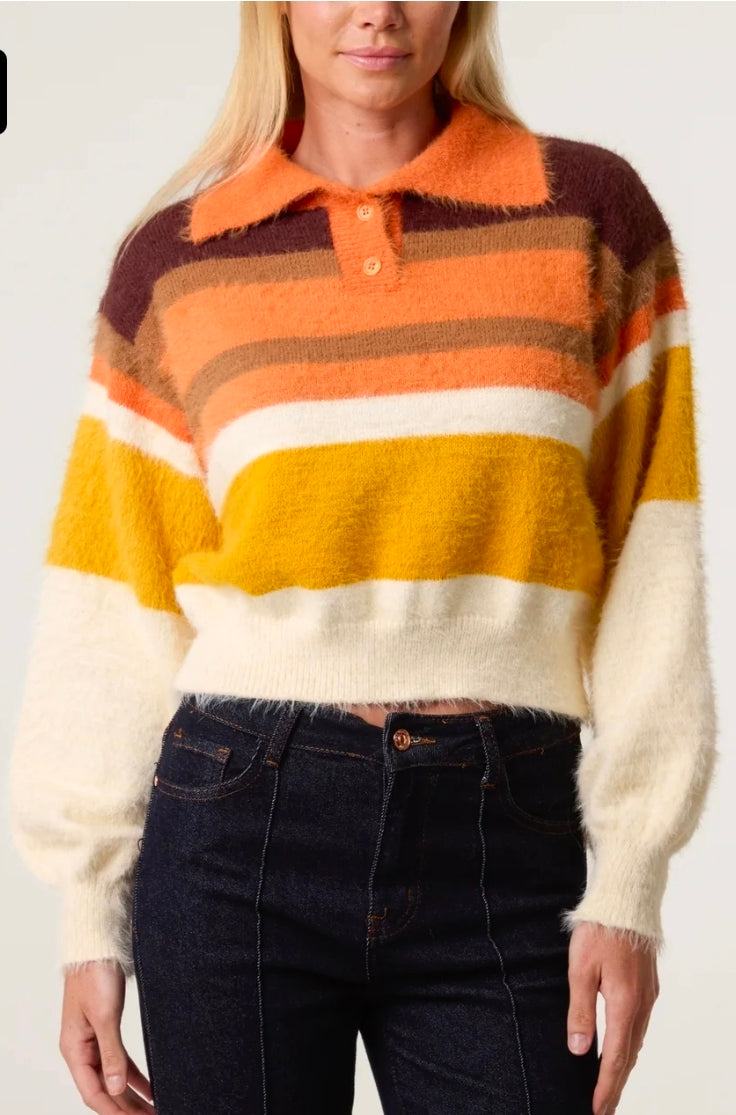 Fluffy Striped Knitted Polo Jumper