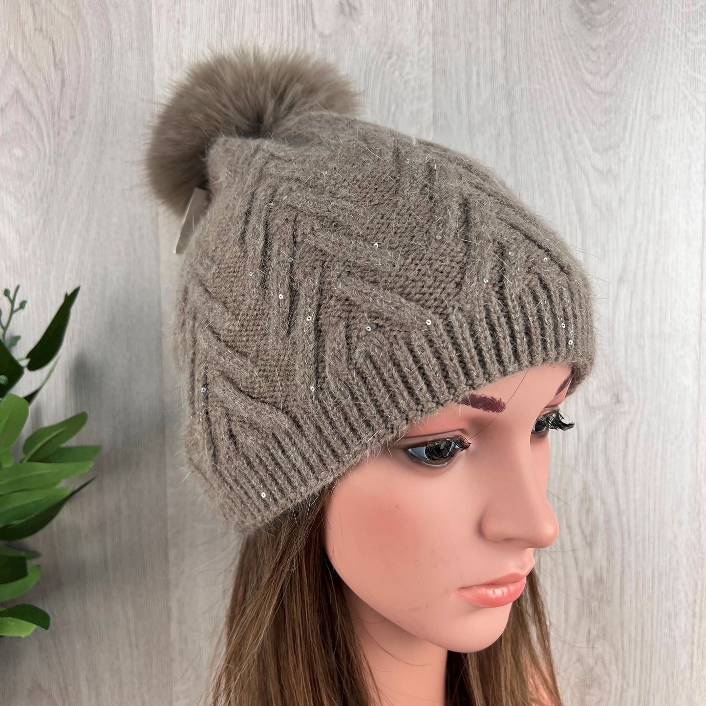 Taupe Pom-Pom Knitted Neutral Hat With Glitter Fleck