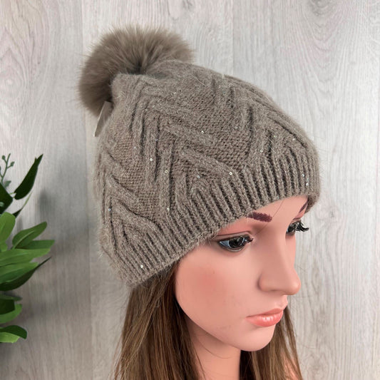Taupe Pom-Pom Knitted Neutral Hat With Glitter Fleck