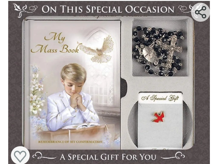 Confirmation Gift Set Boy Mass Book, Rosary Beads, Brooch