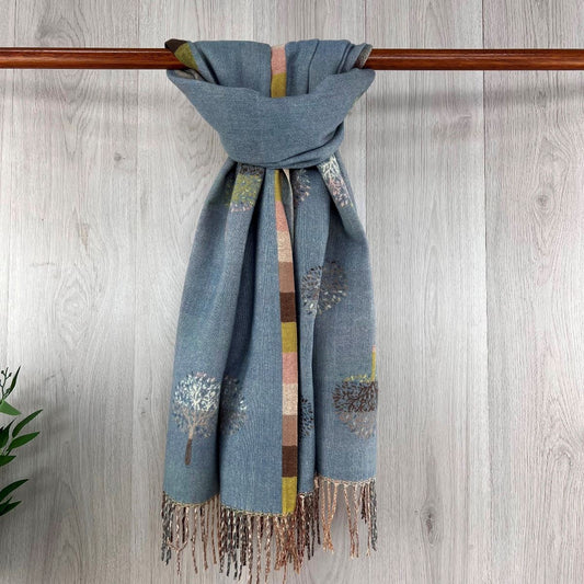 Blue Tree of Life Winter Scarf With Fringe