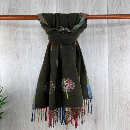 Green Tree of Life Winter Scarf With Fringe