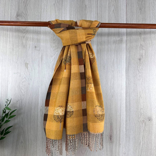 Mustard Tree of Life Winter Scarf With Fringe