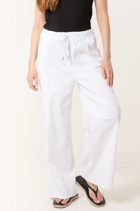 Magic Drawstring Wide Leg White Trousers
