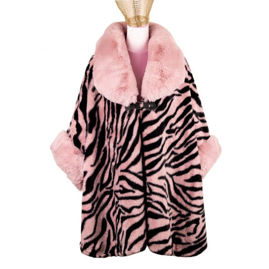 Faux Fur Zebra Print Poncho in Dusty Pink pe381