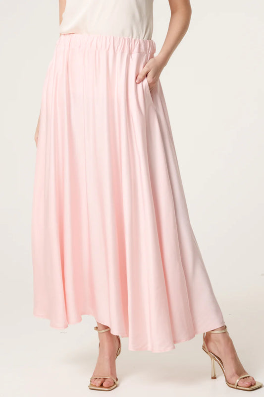 Elasticated Satin Maxi Skirt in Pink
