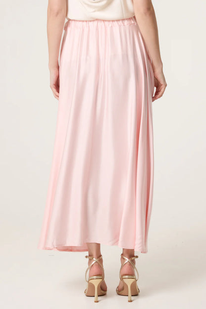 Elasticated Satin Maxi Skirt in Pink