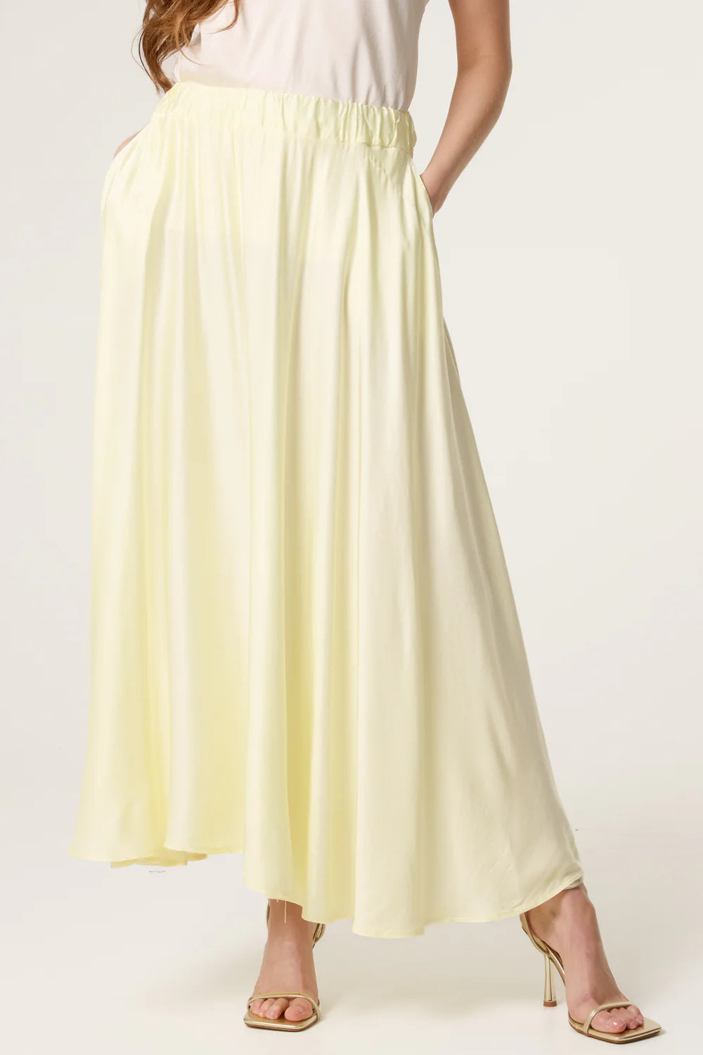 Elasticated Satin Maxi Skirt in Lemon