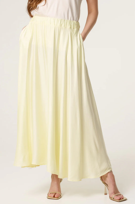 Elasticated Satin Maxi Skirt in Lemon