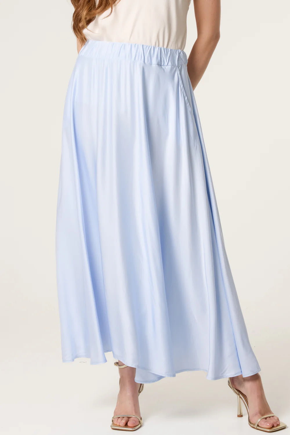 Elasticated Satin Maxi Skirt in Light Blue