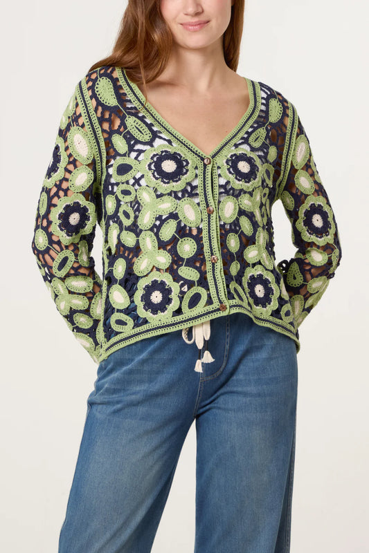 Abstract Floral Crochet V Cardigan in Green