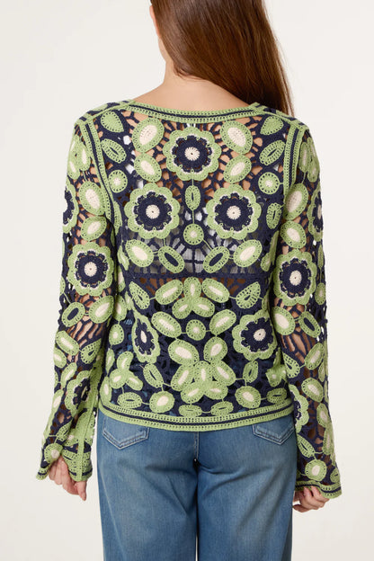 Abstract Floral Crochet V Cardigan in Green