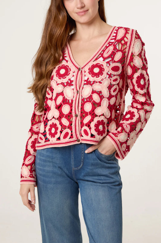 Abstract Floral Crochet V Cardigan in Pink