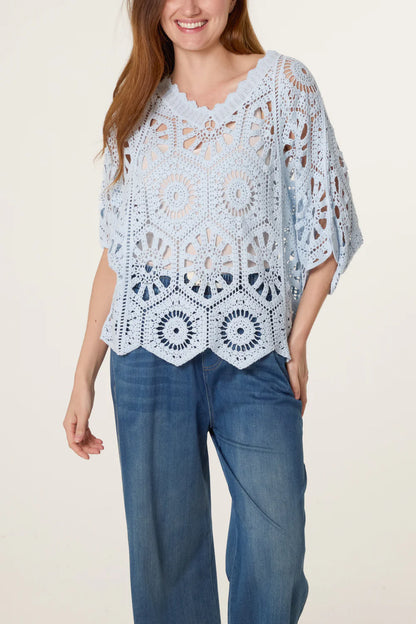 Light Blue Scallop Hem Mandala Crochet Top