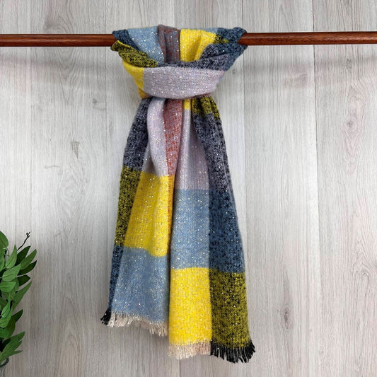 Yellow Chunky Winter Checked Scarf With Sequenced Fleck