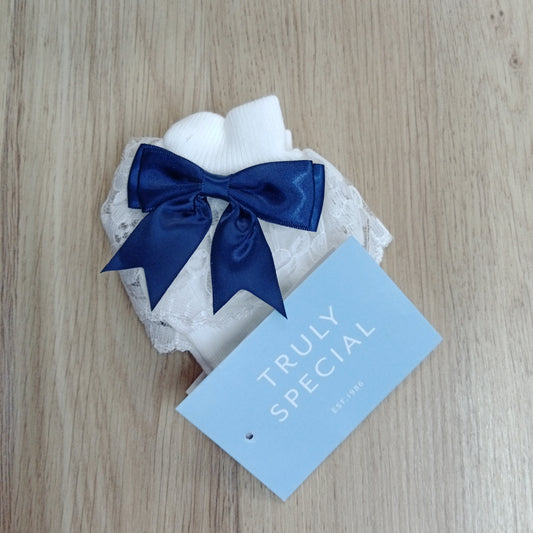 Sara Jayne White Lace Sock with Navy Bow