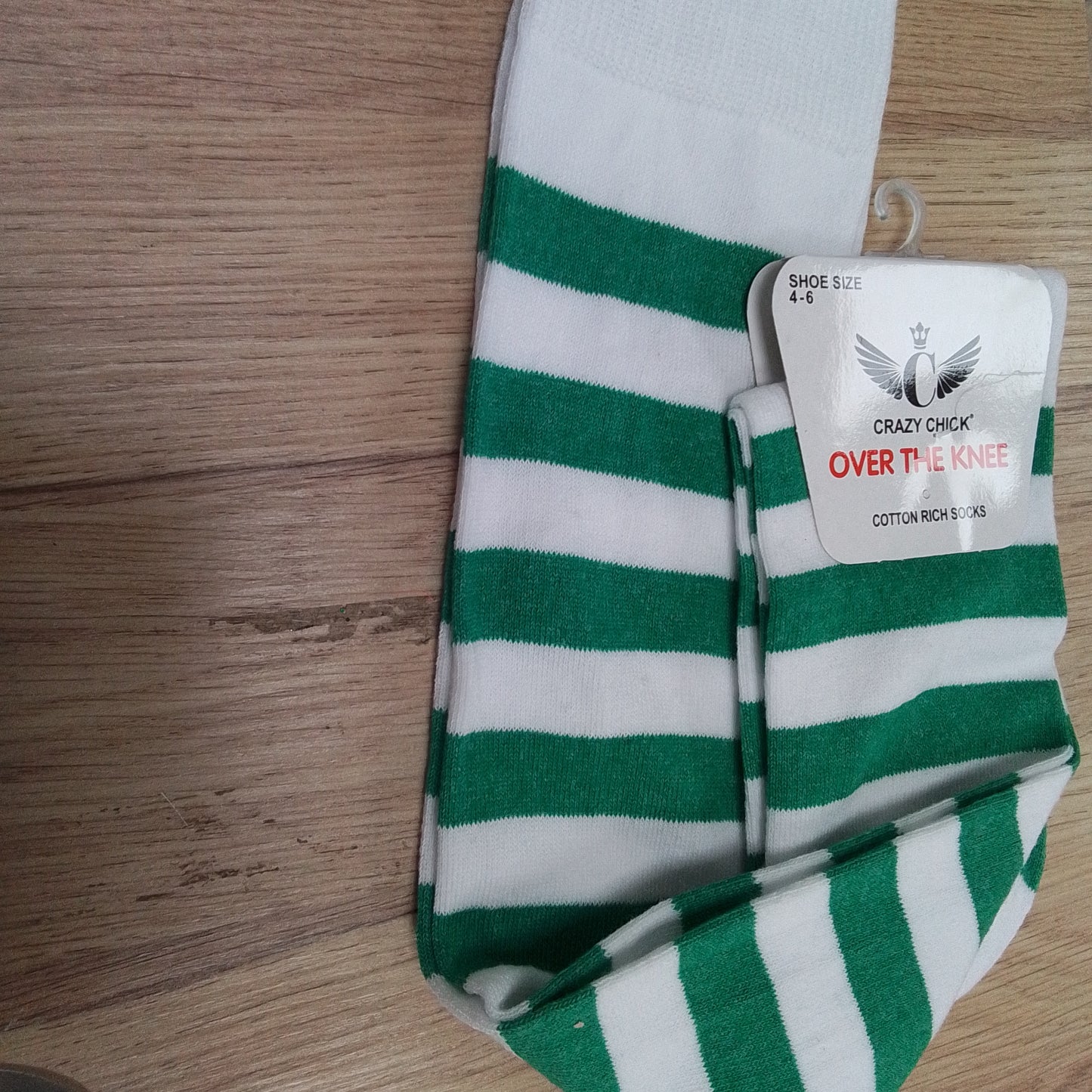 over knee green and white strip socks