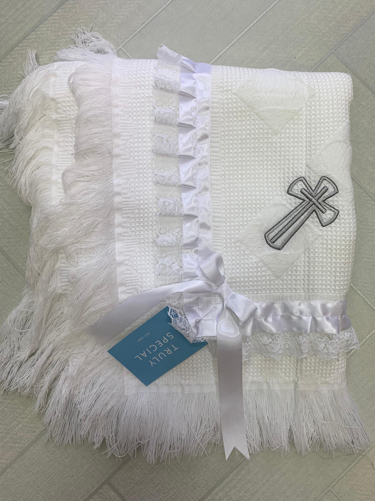 Spanish christening shawl with ribbon and cross
