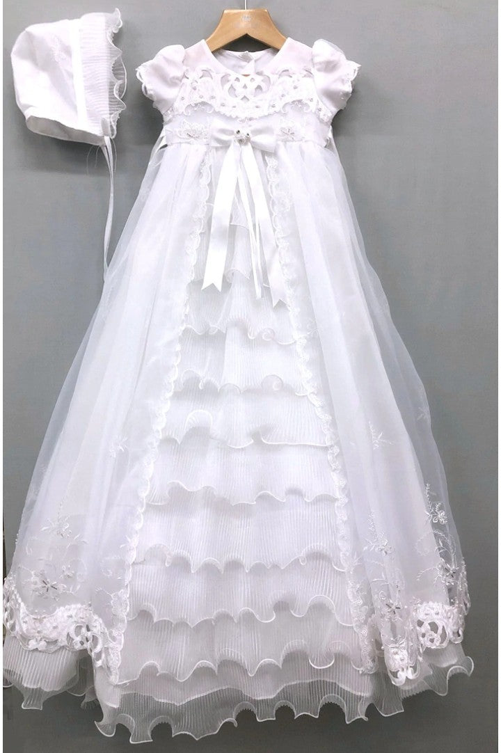 Girls spanish style long christening gown with bonnet 9500